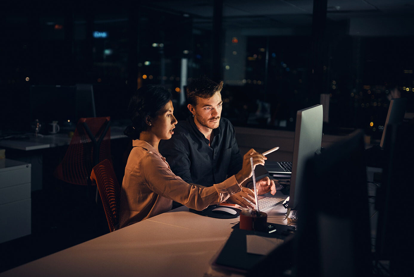 Employees working after hours at night